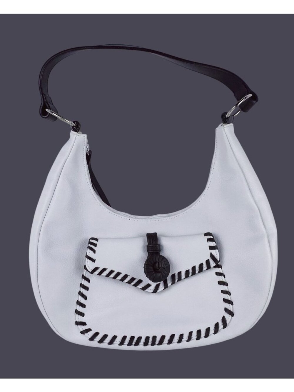VTG Minicci Hippie White Shoulder Crescent Shaped Bag W/ Chocolate Brown Whipsti